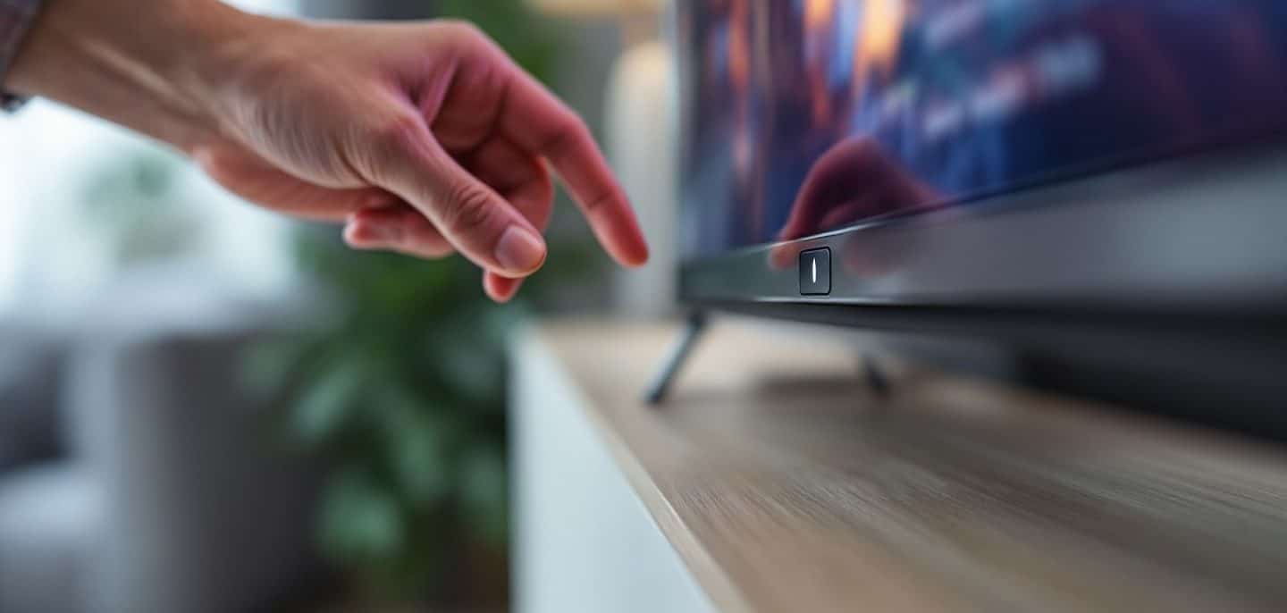 Main cherchant le bouton caché sous l’écran d’un téléviseur