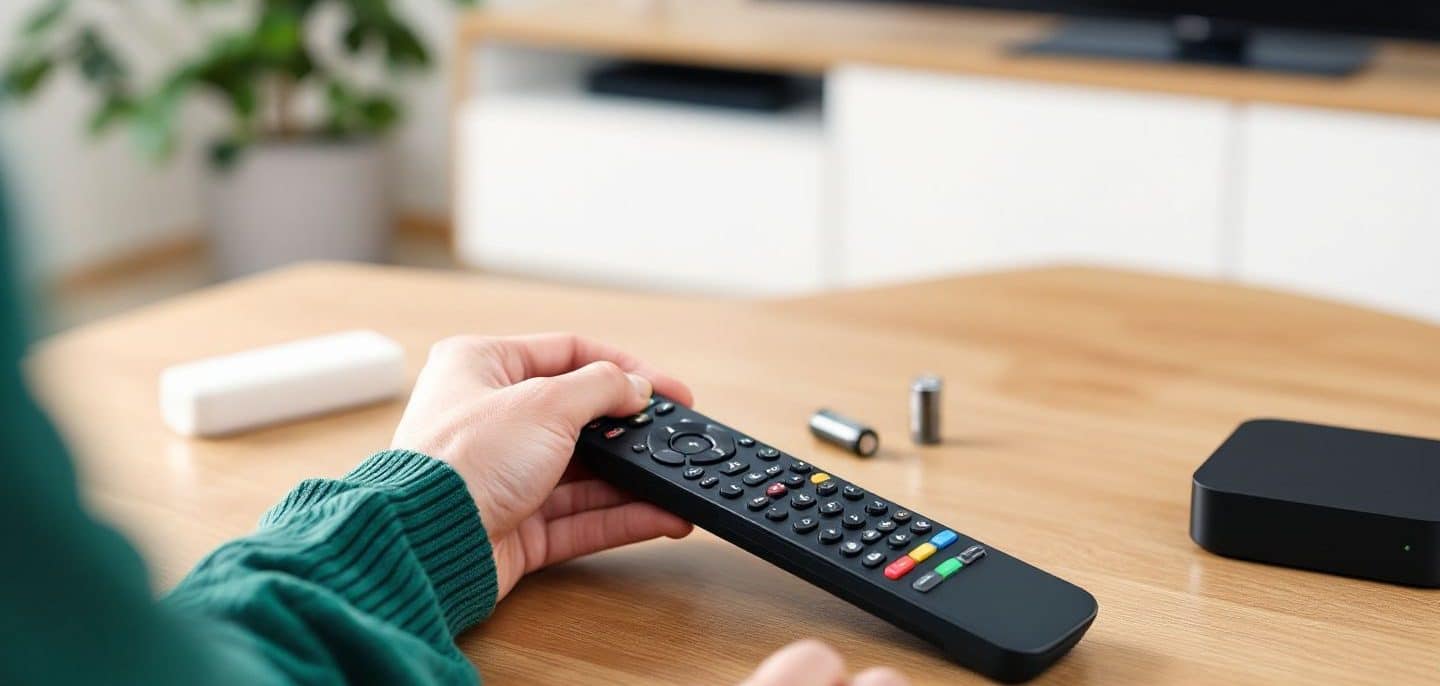 Main changeant les piles d’une télécommande de box posée sur une table basse