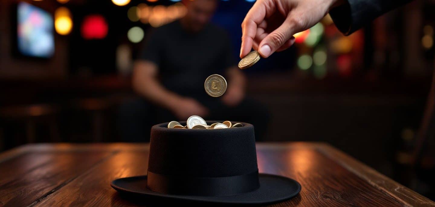 Main glissant un billet dans un chapeau tendu entre les tables d’un bar après un spectacle