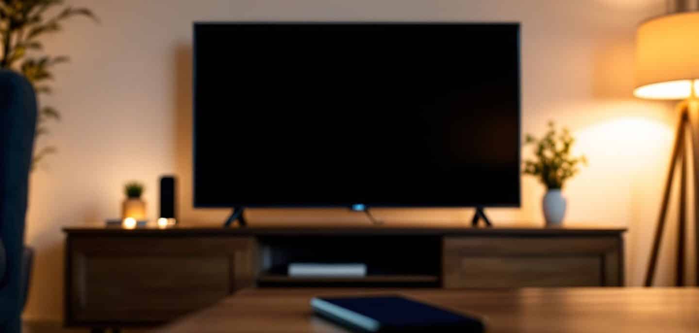 Clé de streaming branchée sur le côté d’un téléviseur à l’écran noir, dans un salon