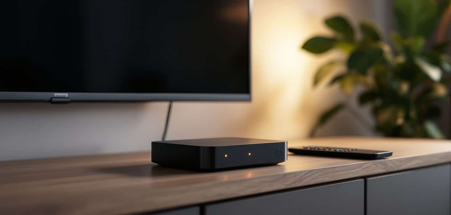 Décodeur TV au voyant allumé sous un téléviseur à l’écran noir