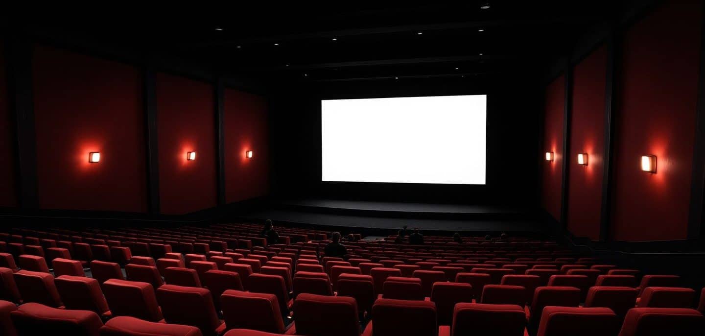 Salle de cinéma aux lumières tamisées juste avant le début de la séance