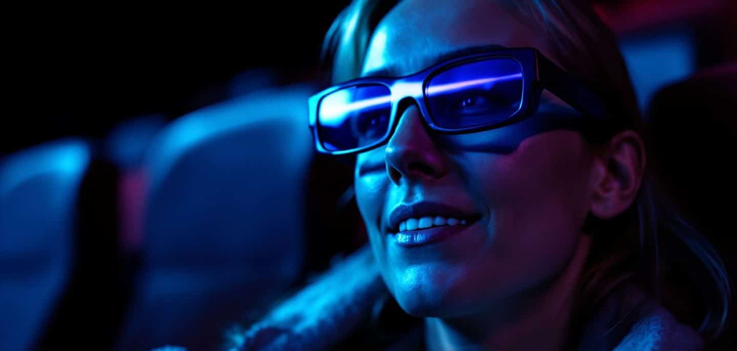Spectatrice portant des lunettes 3D par-dessus ses lunettes de vue dans une salle de cinéma