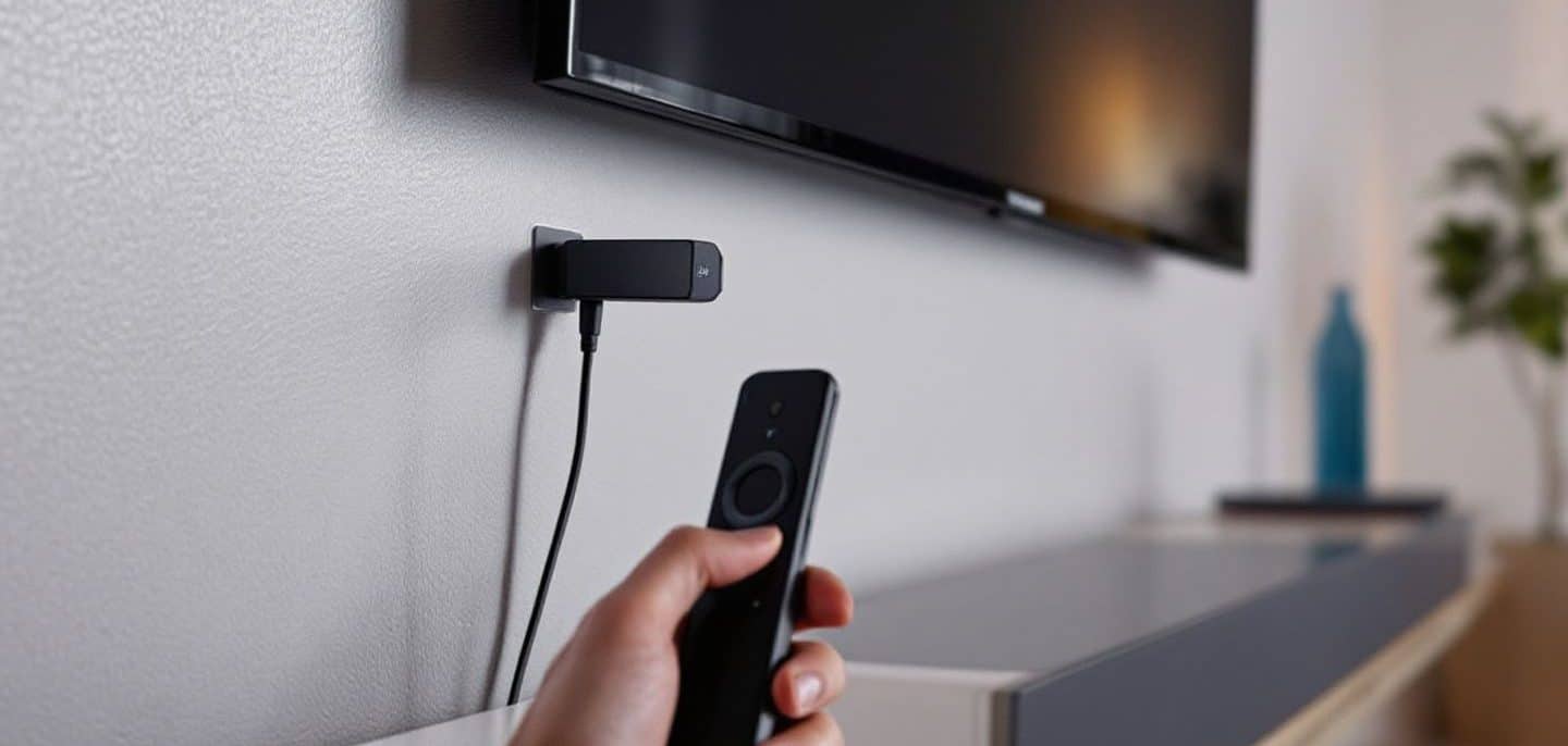 Main tenant une télécommande devant un téléviseur à l’écran noir équipé d’une clé de streaming