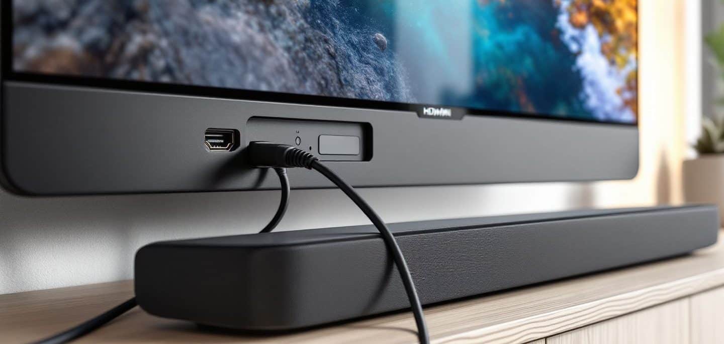 Câble HDMI branché à l’arrière d’un téléviseur, avec une barre de son posée en dessous