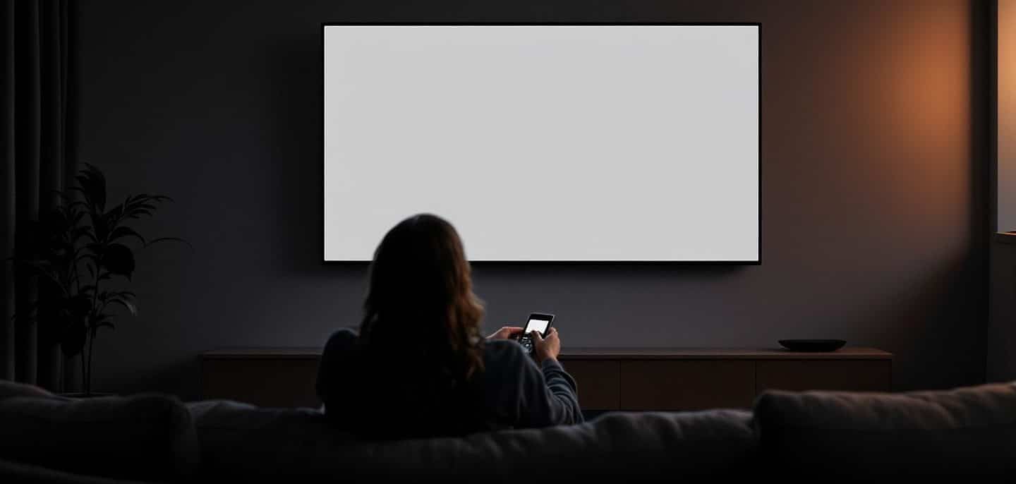 Personne de dos sur un canapé face à un grand téléviseur OLED affichant un fond gris uni