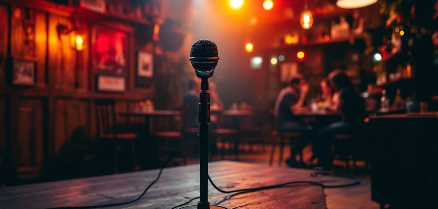 Petite scène improvisée dans un bar, avec un micro sur pied éclairé par un projecteur