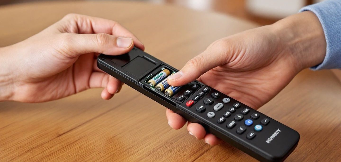 Mains remplaçant les piles boutons d’une télécommande de décodeur posée à l’envers