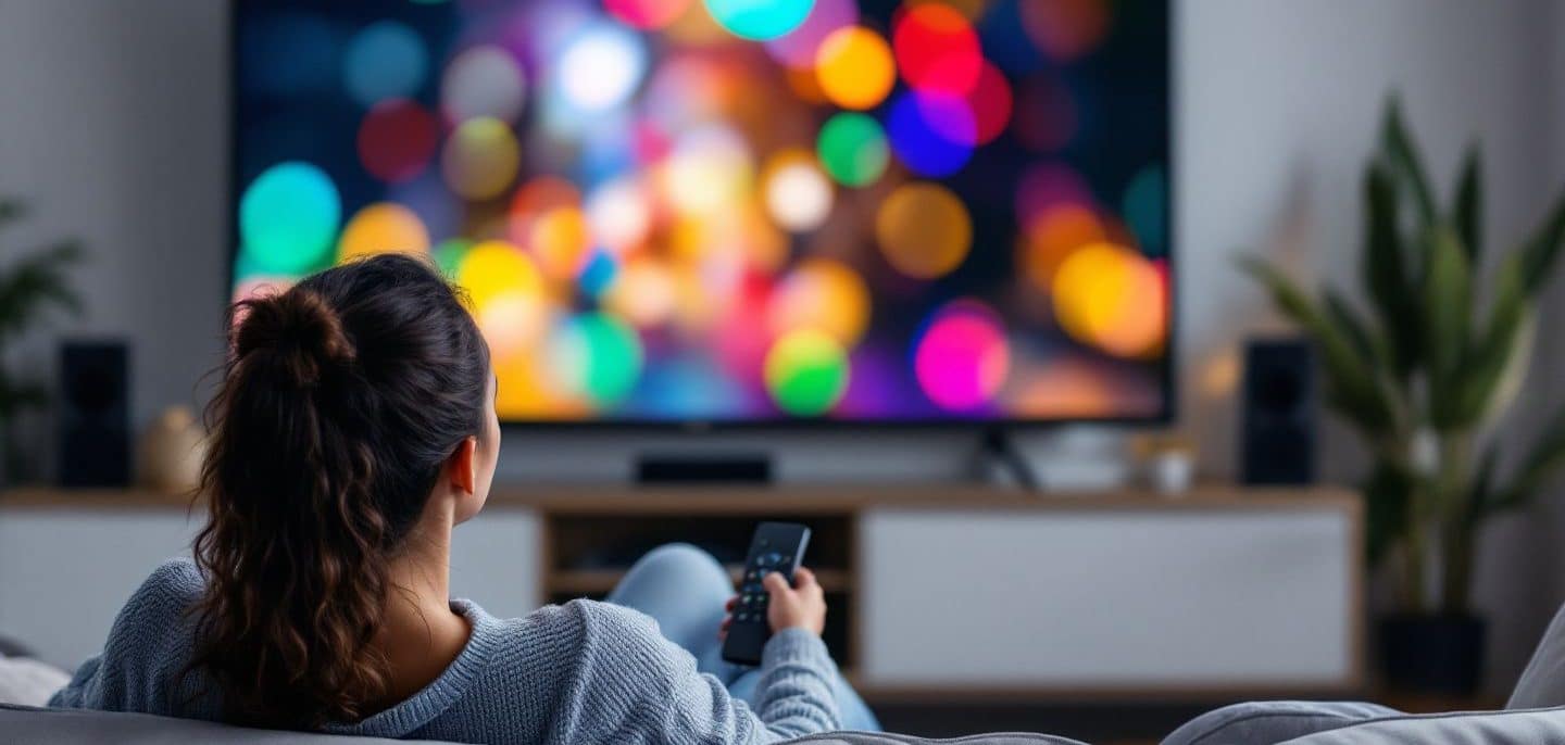 Personne détendue sur un canapé, télécommande en main, devant un grand téléviseur