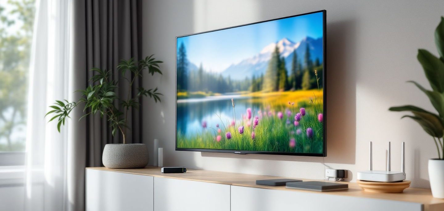 Salon d’appartement avec un téléviseur connecté et une box wifi sur une étagère