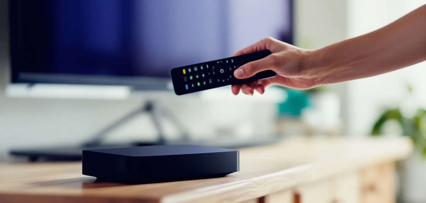 Main tenant une télécommande pointée vers un décodeur TV posé sur un meuble