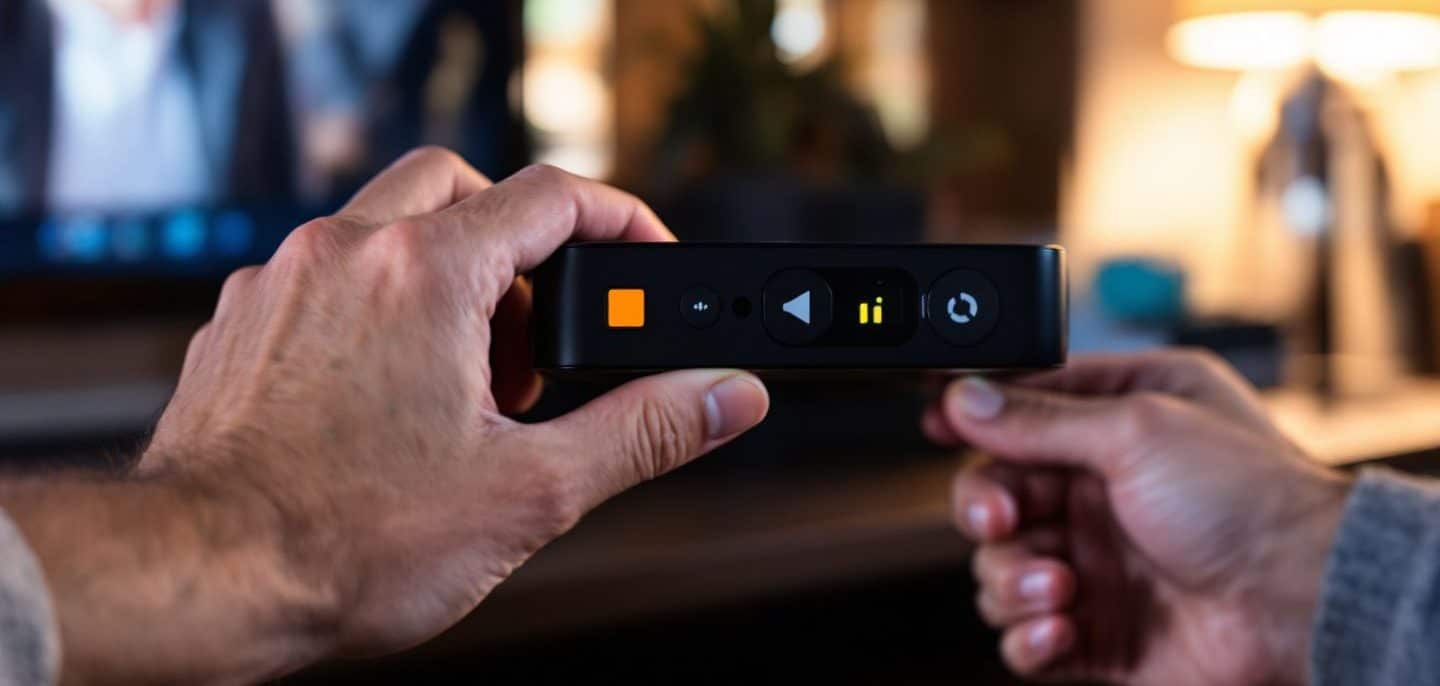 Main appuyant sur le bouton d’appairage à l’arrière d’un décodeur TV, télécommande en main