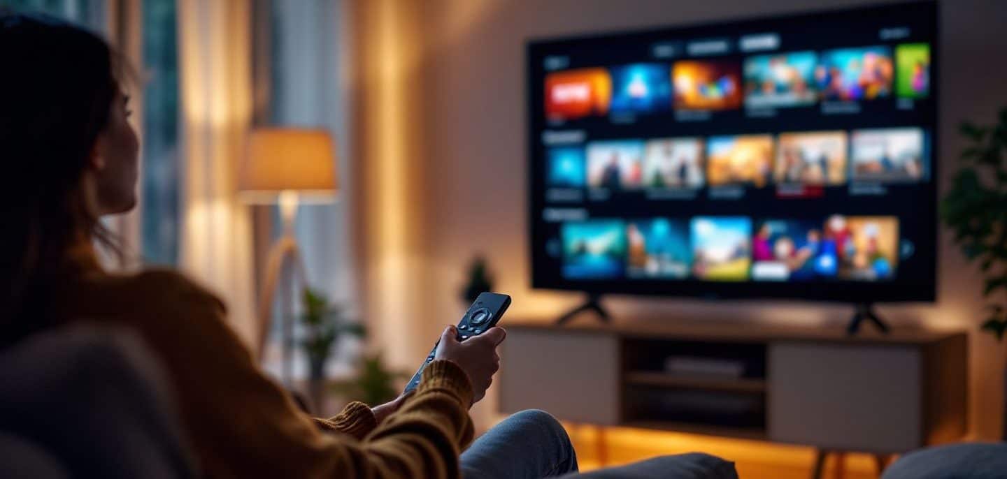 Personne sur un canapé, télécommande en main, devant un téléviseur allumé le soir