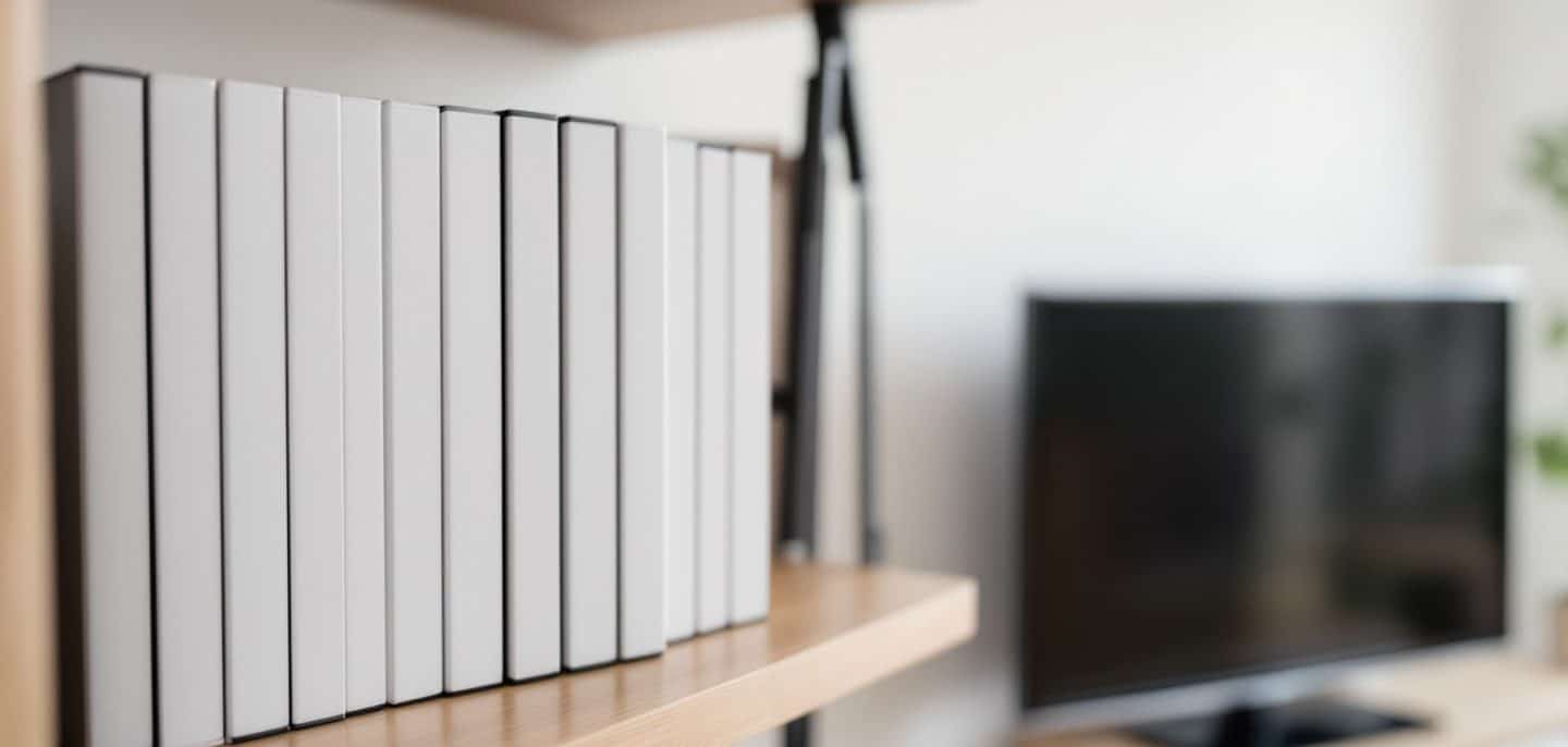 Étagère de boîtiers de DVD sans inscription à côté d’un téléviseur