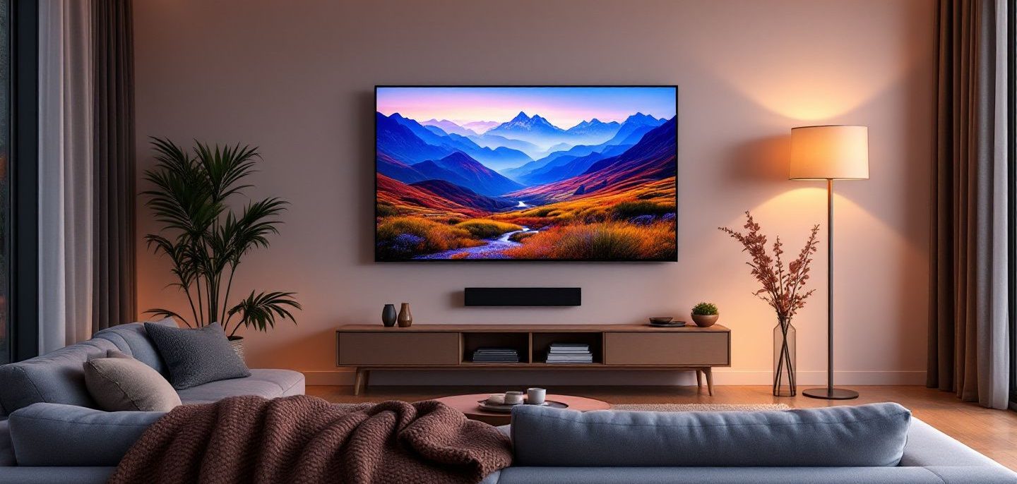 Salon le soir : un grand téléviseur mural face au canapé