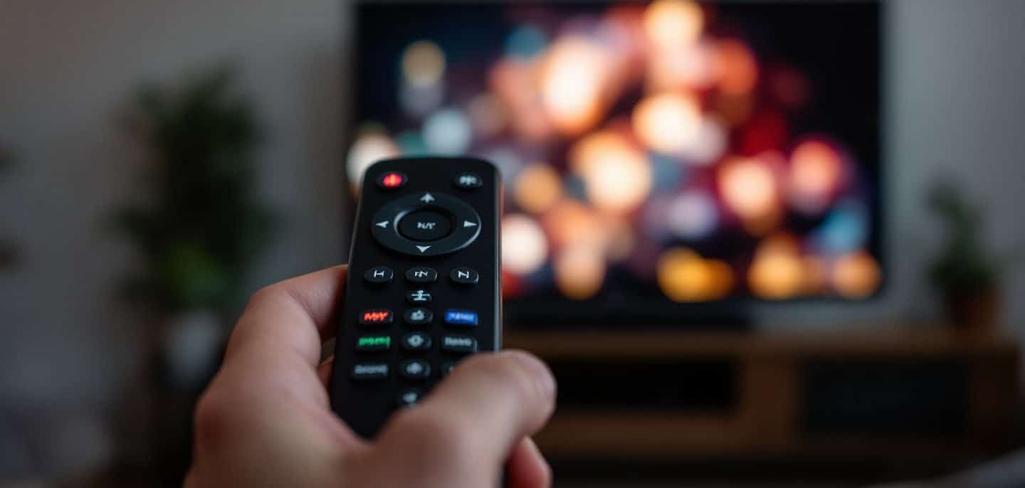 Télécommande de décodeur dont le petit voyant est allumé, tenue devant un téléviseur