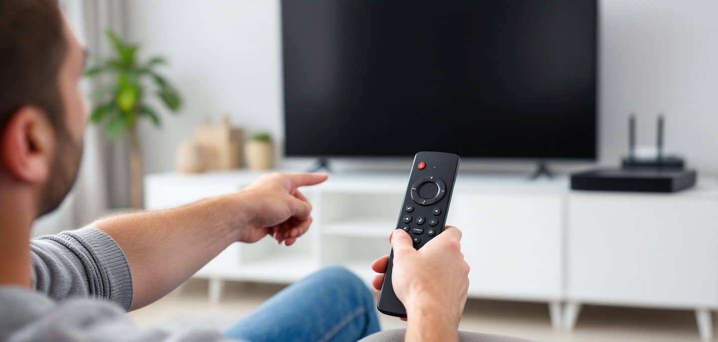 Personne pointant sa télécommande vers un décodeur TV qui ne réagit pas