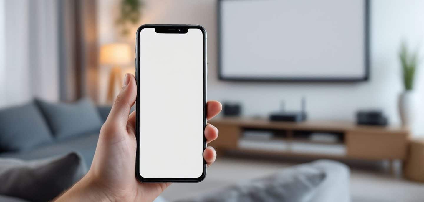 Smartphone utilisé comme télécommande devant un téléviseur et son décodeur