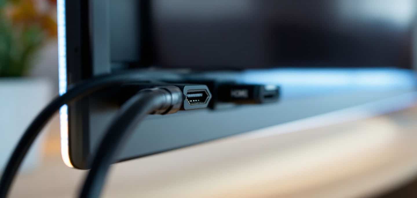 Main branchant un câble HDMI à l’arrière d’un téléviseur