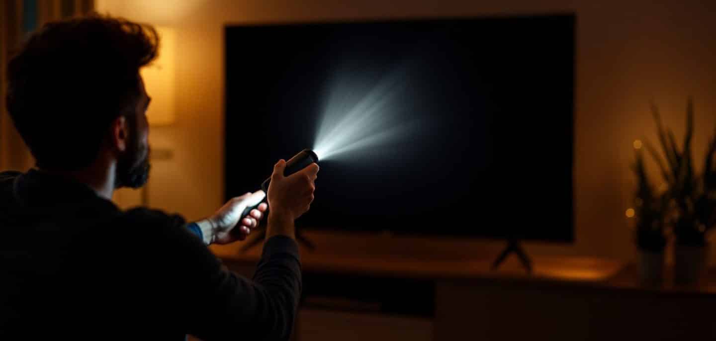 Test de la lampe torche sur un téléviseur à l’écran noir, dans un salon sombre
