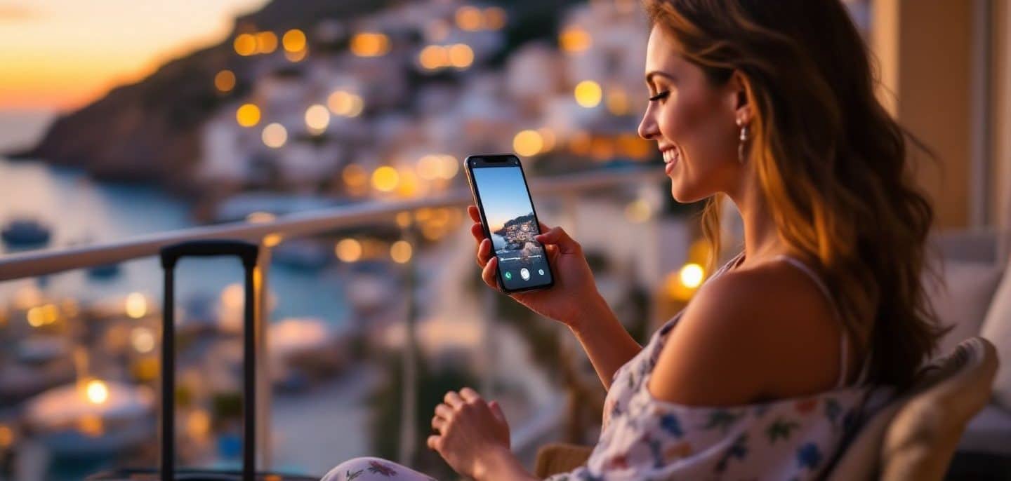 Voyageuse regardant la télévision sur son smartphone depuis le balcon d’un hôtel